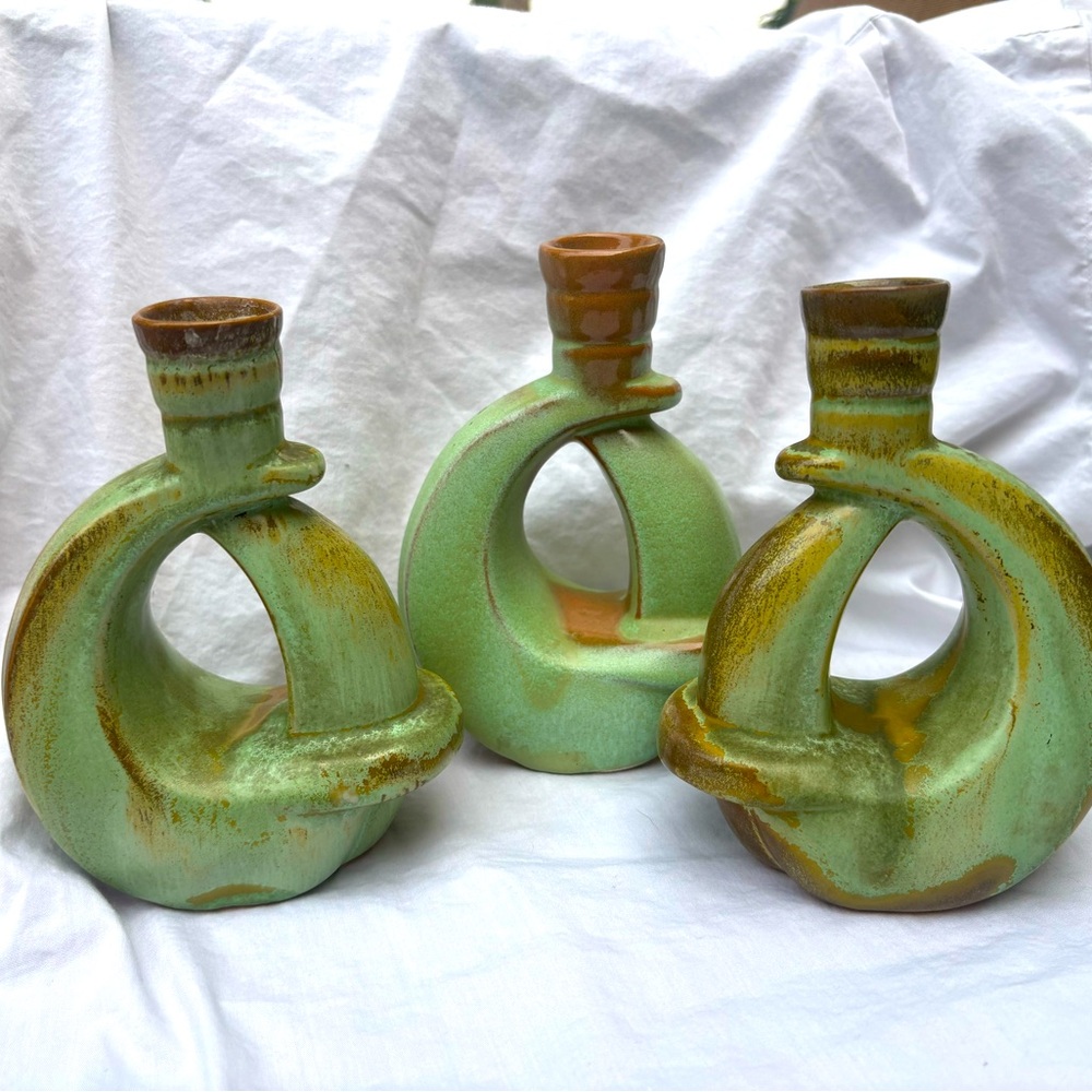 Three Vintage Frankoma Prairie Green Ceramic Candle Holders